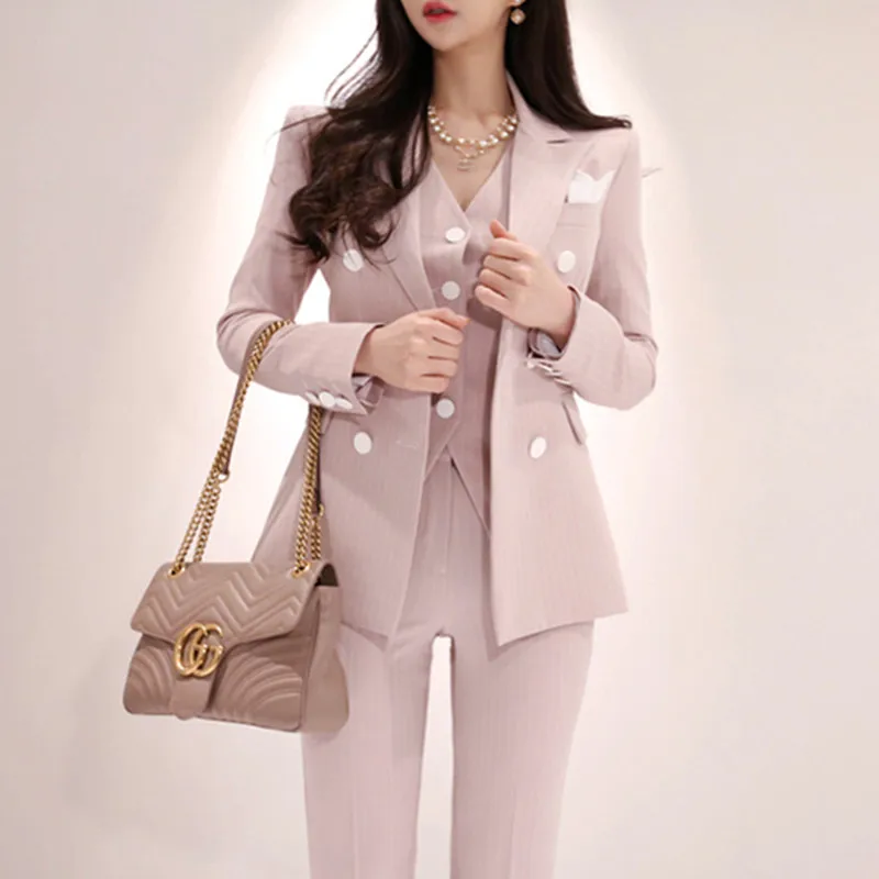 

High Quality 2019 Spring Plaid 3 Piece Sets Vintage Double Breasted Blazer Vest Pant OL Work Casual Slim Suits