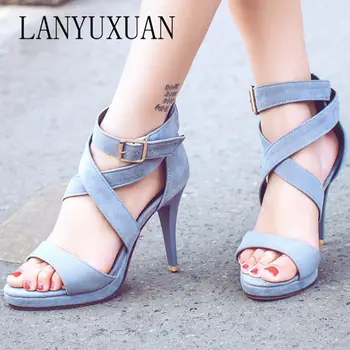 

LANYUXUAN New plus Big Size 32-48 Fashion Party Shoes Woman Sexy High Heels Summer Pumps Ankle Strap Sandals Women Shoes 8675-1