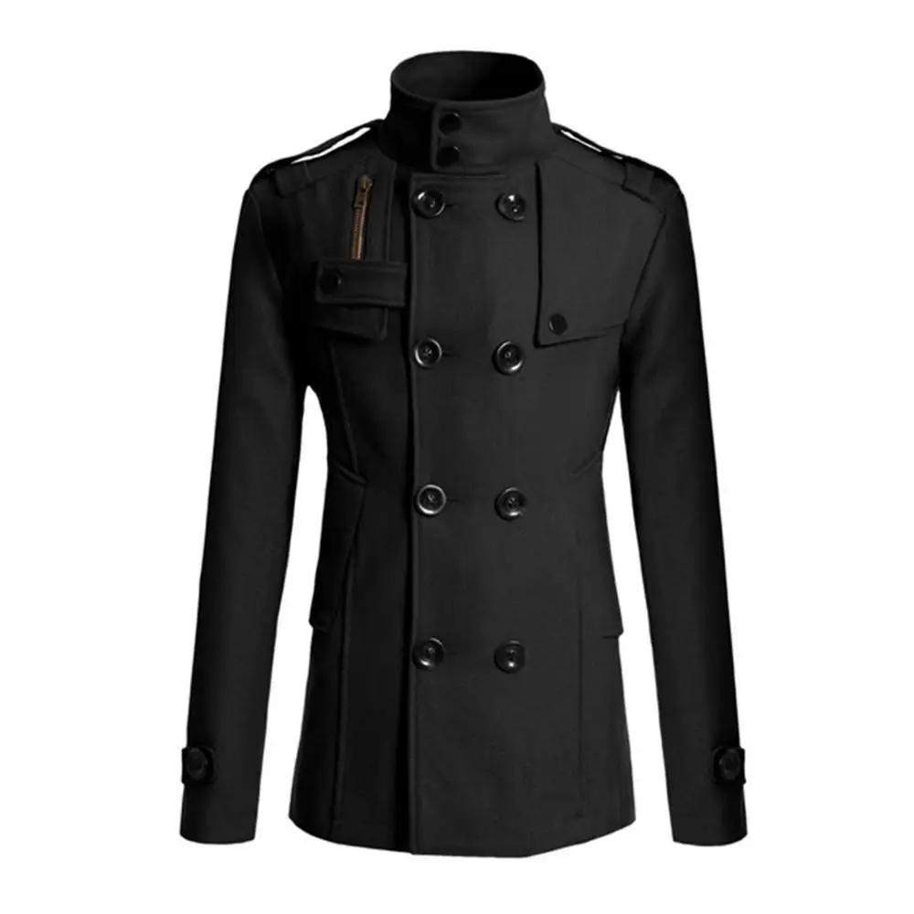 Новинка, мужской зимний теплый Тренч, шерстяное пальто, приталенная повседневная куртка, одноцветная, стоячий воротник, двубортное пальто, парка - Цвет: black