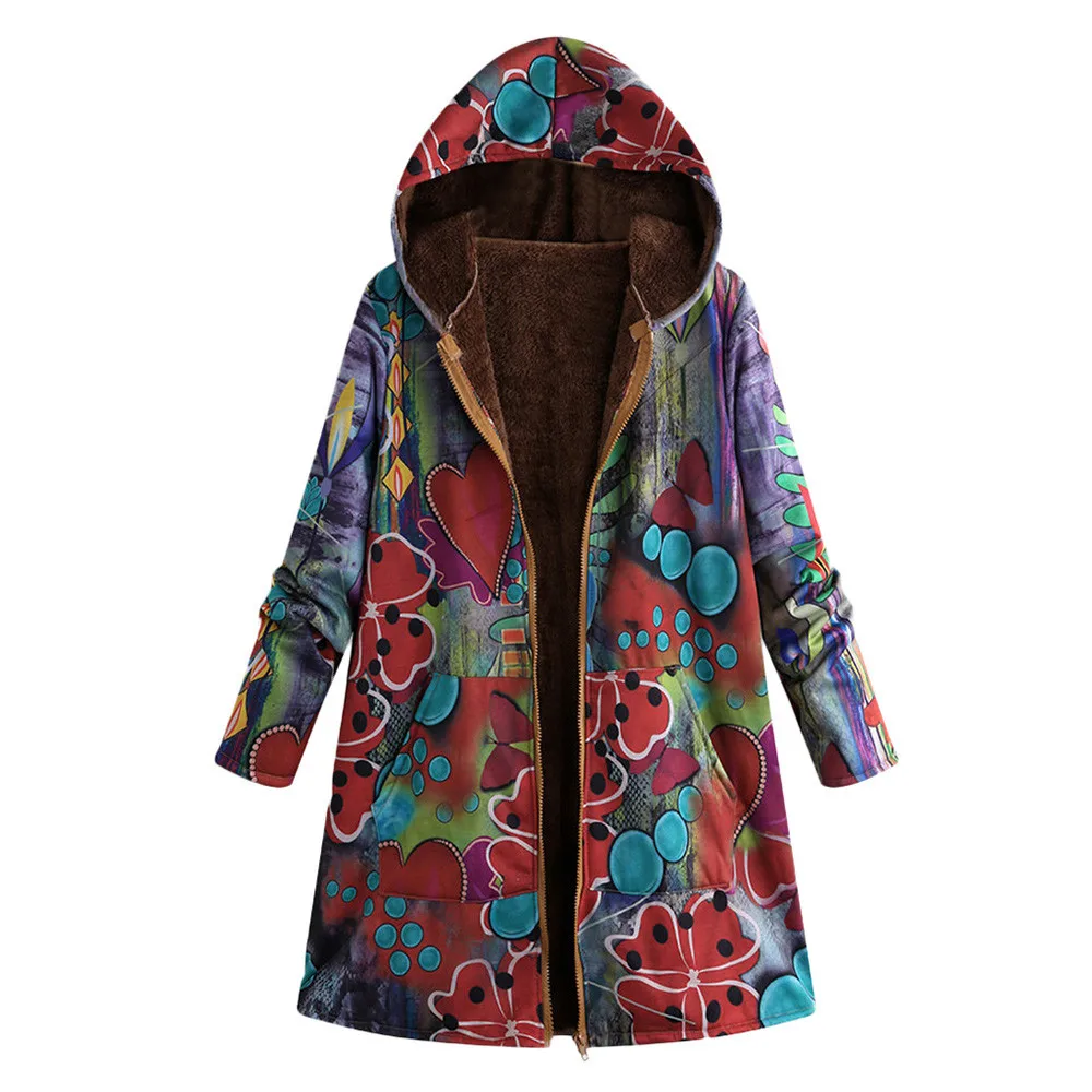 

Fashion New Womens Winter Warm Coat Outwear Floral Print Hooded Pockets Vintage Oversize Coats Jacket Outwear
