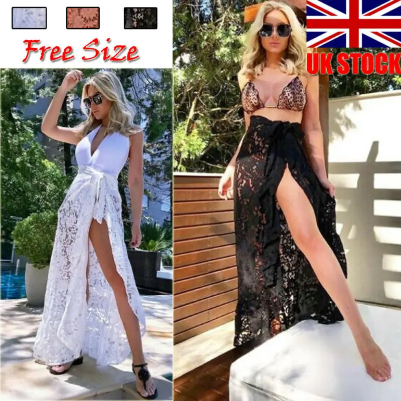 

UK Women Lace Bikini Cover Up Swimwear Beach Sarong Kaftan Dress Maxi Wrap Skirt