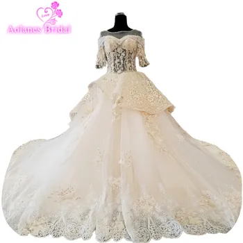 

2018 Vestido De Noiva Short Sleeves Ivory Tulle Scoop Wedding Gowns Royal Train Ball Gown Backless Wedding Dress Trem Mariage