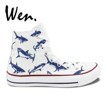 Вэнь Дизайн пользовательские ручной росписью обувь Акула группа Высокая парусиновая обувь для хип-хопа Для мужчин Для женщин кроссовки для подарков