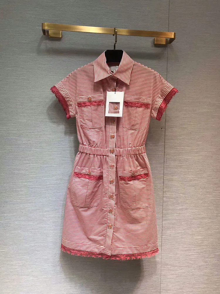 

women fashion 2019 turn-down collar lace striped mini dresses 2colors at190118