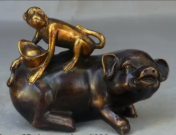 

Collection Chinese FengShui Bronze Gilt Auspicious Wealth Zodiac Animal Monkey Ride Pig Exquisite Small Statues