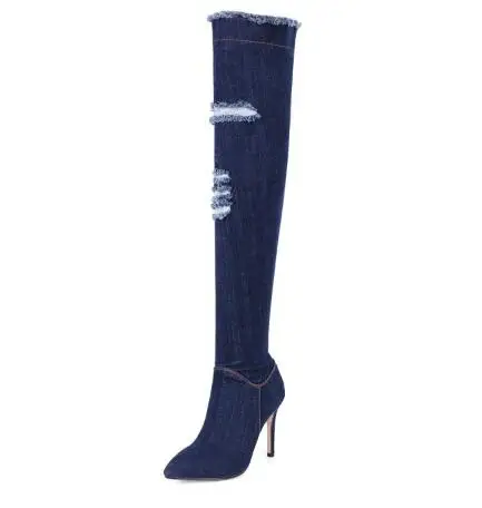 

Denim over-the-knee long boots Women denim pointed toe high heel thigh boots Black/blue super high thin heel long boots
