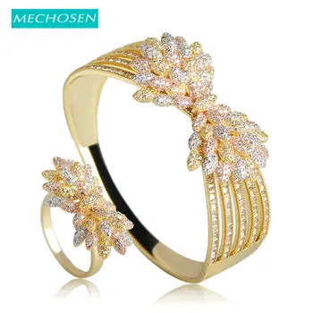 

MECHOSEN Fashion Delicate Bowknot Design Bangle Ring Sets Micro Paved Cubic Zirconia Brass 3 Tones Exquisite Bridal Jewelry Sets