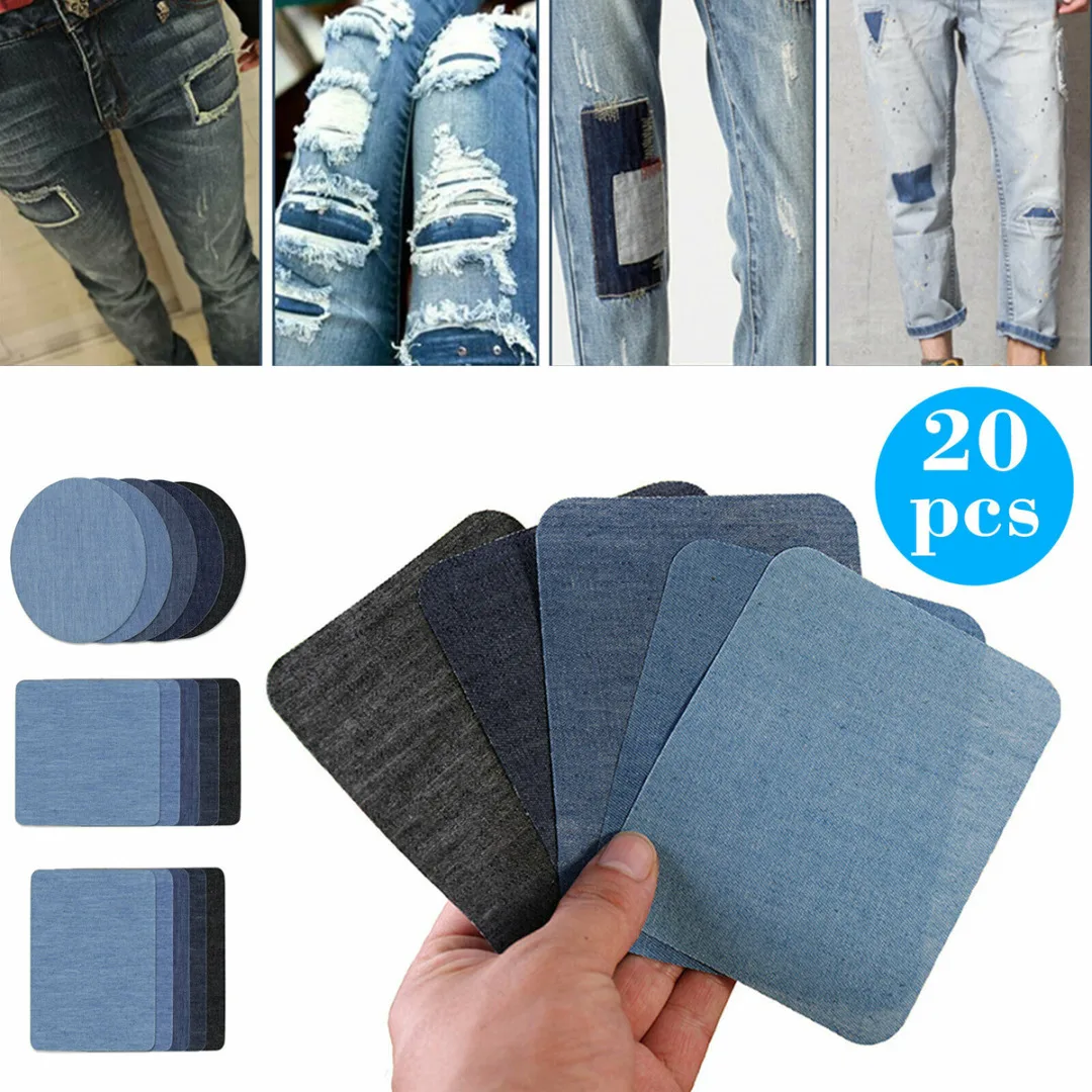 20pcs Iron On Denim Patches 5 Colors + Sewing Kit For Mending Embellishing Jeans Bag Hat Repair Decor Design