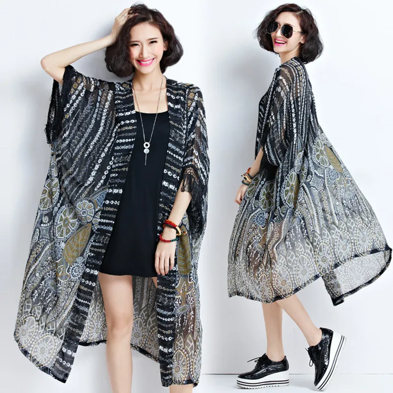 

BIG SIZE 5XL Summer Women Vintage Print Tassel Tops Outwear Female Lady Plus Larg Long Loose Chiffon Kimono Cardigan Jacket Coat