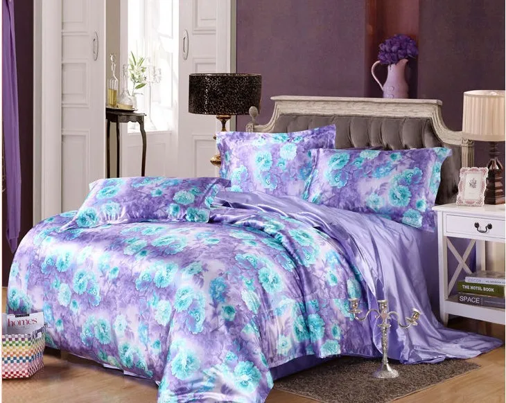 7pcs Blue purple floral bedding set Cal king size silk satin sheets ...