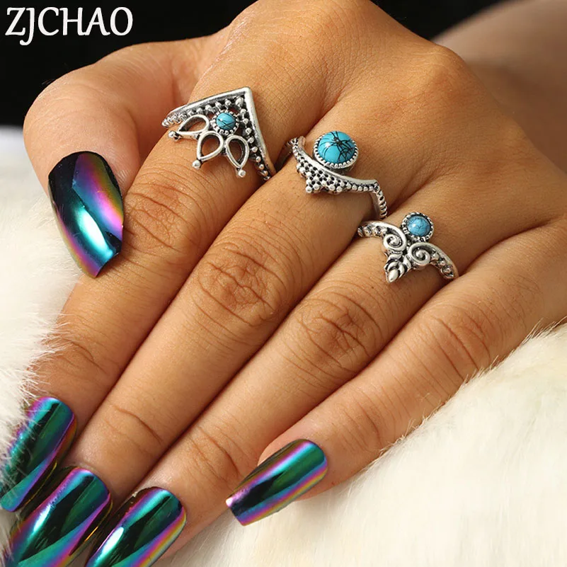 

3pcs/set Vintage Knuckle Rings for Women Retro Bohemian Hollow Out Blue Stone Ring Set Boho Midi Finger Jewelry Bague Femme