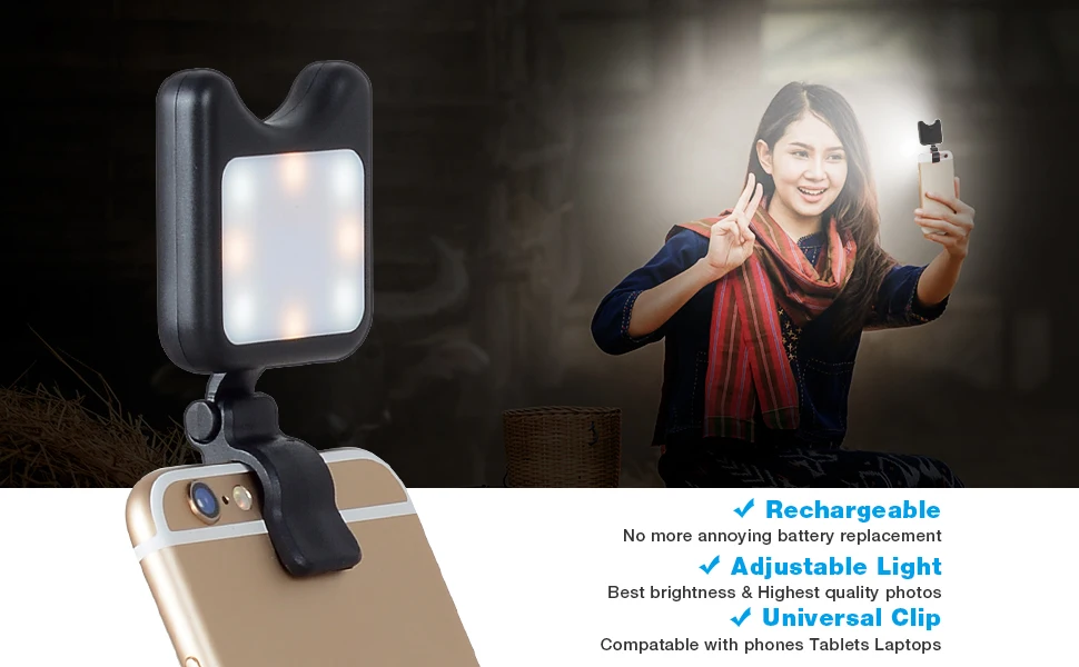 Apexel Universal LED Selfie Flash Light Clip-on Portable Rechargeable 9 Levels Flash Led Light for iPhone Samsung Huawei Tablet