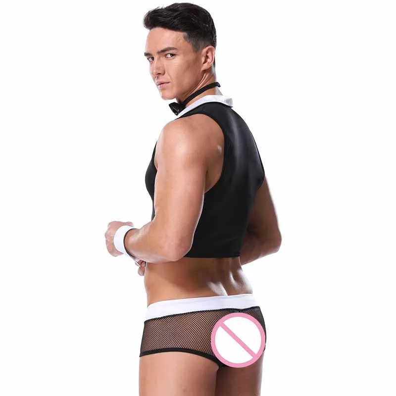 Erotic Men's Bartender Suit Sexy Gay Men Waiter Role Play Costumes Maid Cosplay Lingerie Nightclub Bar Performance Uniforms (4)