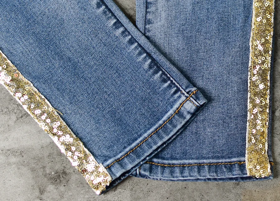 SupSindy горячие для женщин джинсы в европейском стиле модные золотые блестящие полосы тонкий карандаш брюки для девочек дамы синие джинсы женщи