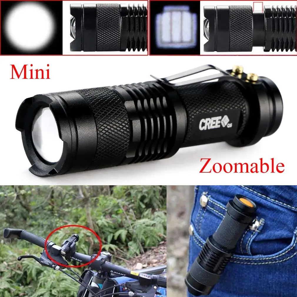 2016 New Mini 2000 Lumens Bright CREE Q5 LED Adjustable Zoom Focus Flashlight Torch Lamp Light Black For AA/14500 Battery