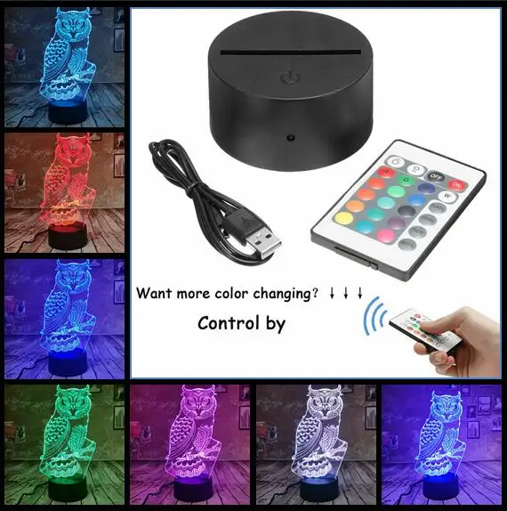 Прямая поставка Новая лампа в форме Совы 3D ночник 7 цветов градиент светодиодный свет Иллюзия USB сенсорный детский ночник Рождественский подарок декор - Испускаемый цвет: Remote 16 Colors