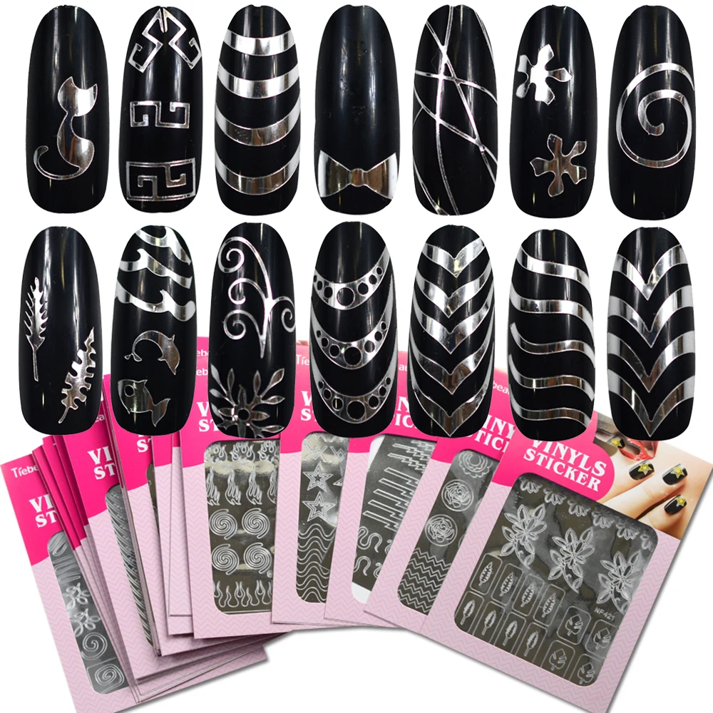 

1 Sheet New Stamping Nail Art 3D Hollow Sticker Laser Silver Vinyl Grid Pattern Template Stencil Guide Manicure BENF413-436S