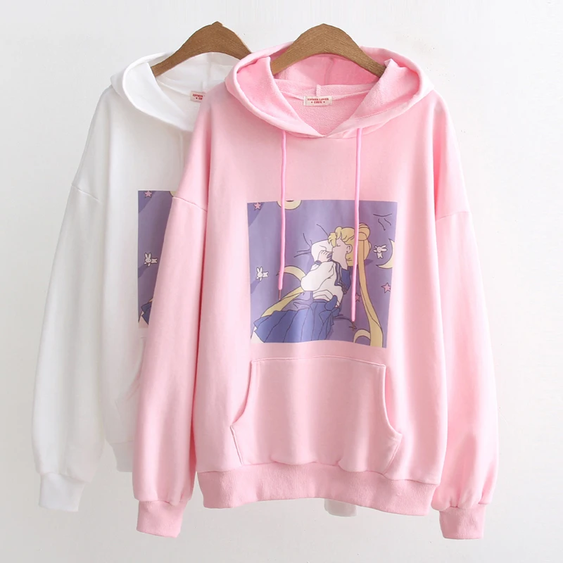 

2019 New Autumn Hoodies Female College Sailor Moon Print Hoodies Loose Hooded Harajuku Sweet Girl Powder Sweatshirt