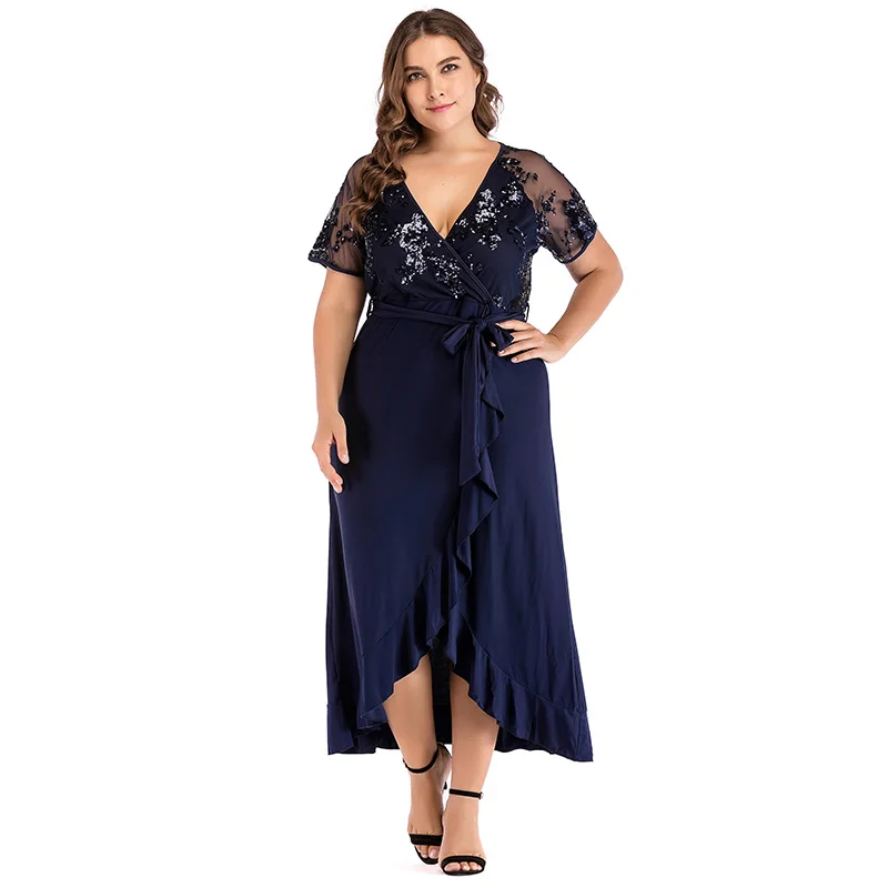 Plus Size New Sexy Women Midi Dress Sequined Sheer Mesh V Neck vestido Female Short Sleeve 