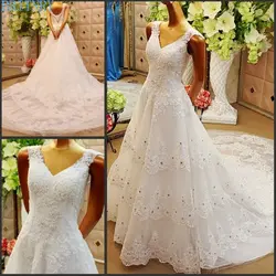 Бритни очаровательные роскошные свадебное платье V шеи Кружева Линия длинное платье невесты элегантные Бисер белого цвета и цвета