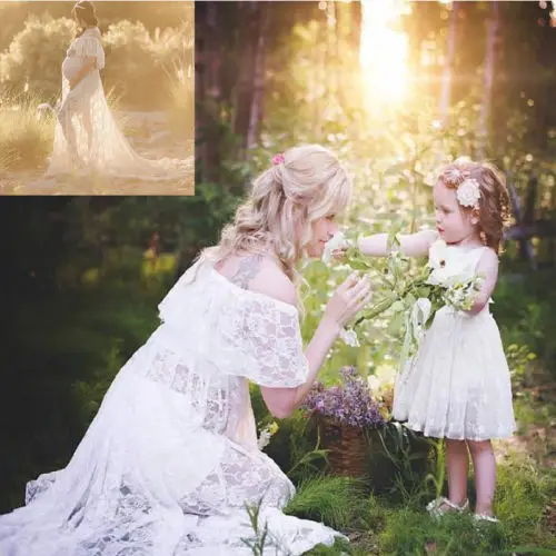 

New Family Match Mother Daughter White Lace Dress Summer Women Pregnant Maternity Photography Dress Princess Baby Girl Outfit