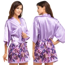 Короткий атласный халат для невесты, сексуальный женский халат с цветочным принтом, кимоно для свадебной вечеринки, Женское ночное платье, халат, пижама