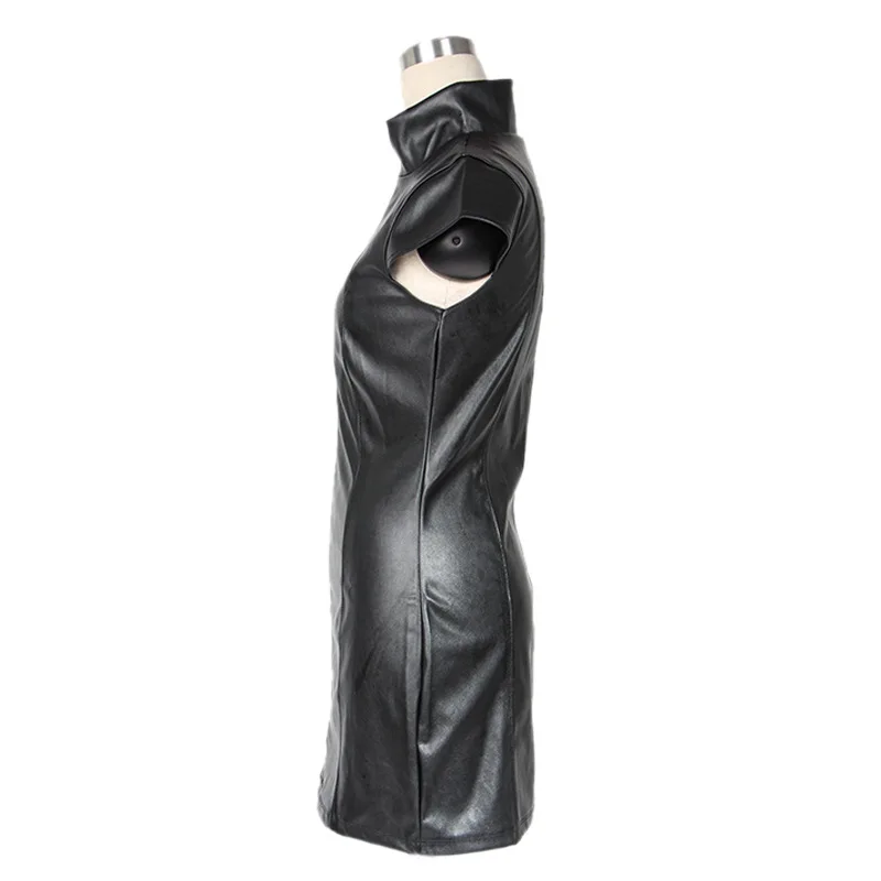 

XB29 2019 Faux Leather Outfit PU Front Zipper Plus Size Women Erotic Dress Night Club High Neck Short Sleeve Sexy Black Dress