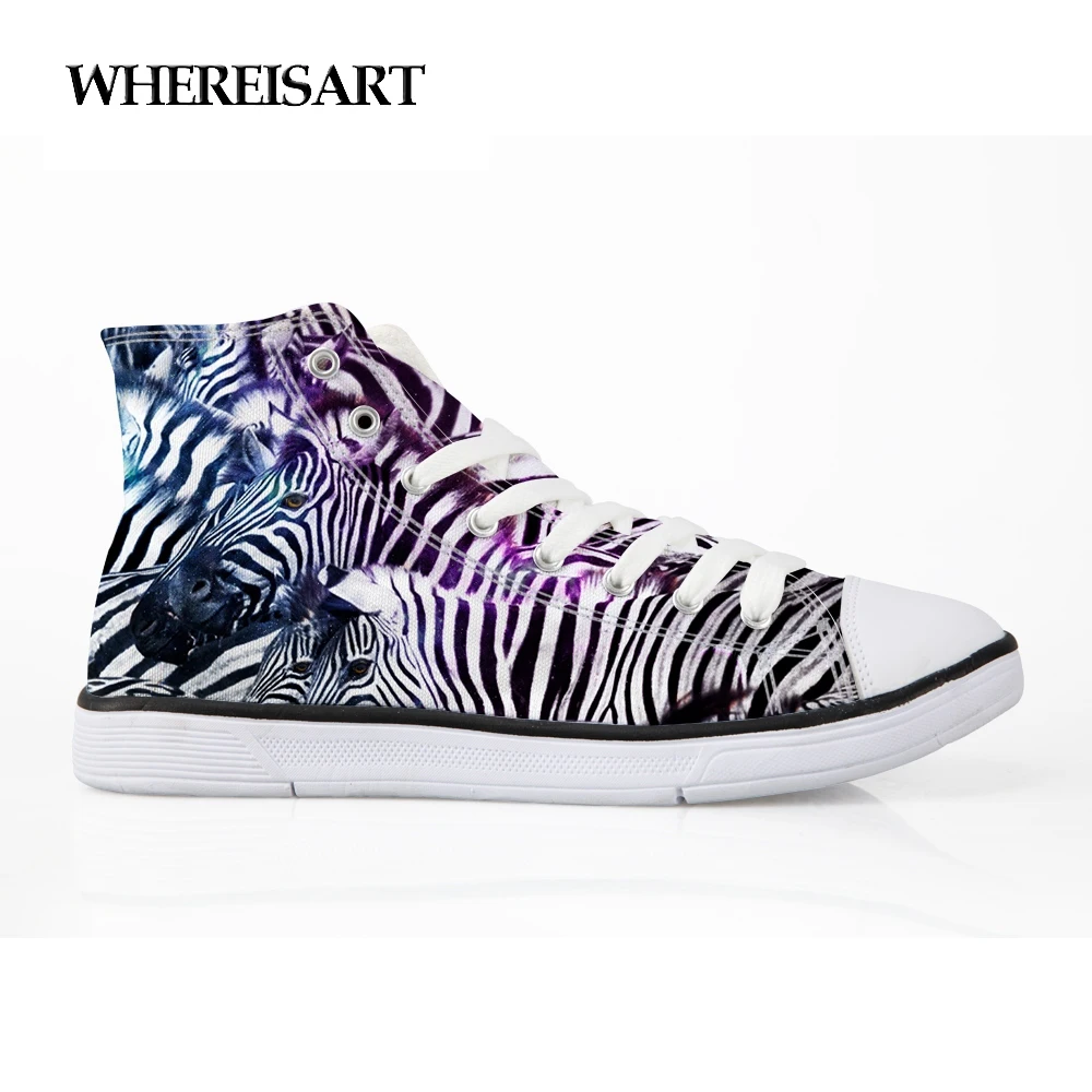 

WHEREISART High Quality Vulcanized Shoes Men Zebra Printing Shose For Men Animals Pattern Flats High-top Sneasker Studnets Boys