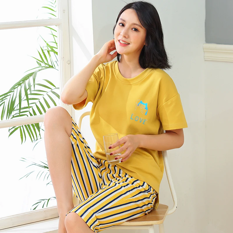 

2019 summer sleepwear women pajamas sets o-neck cute short sleeve pajama suit bodycon women homewear suit soft plus size XXXL
