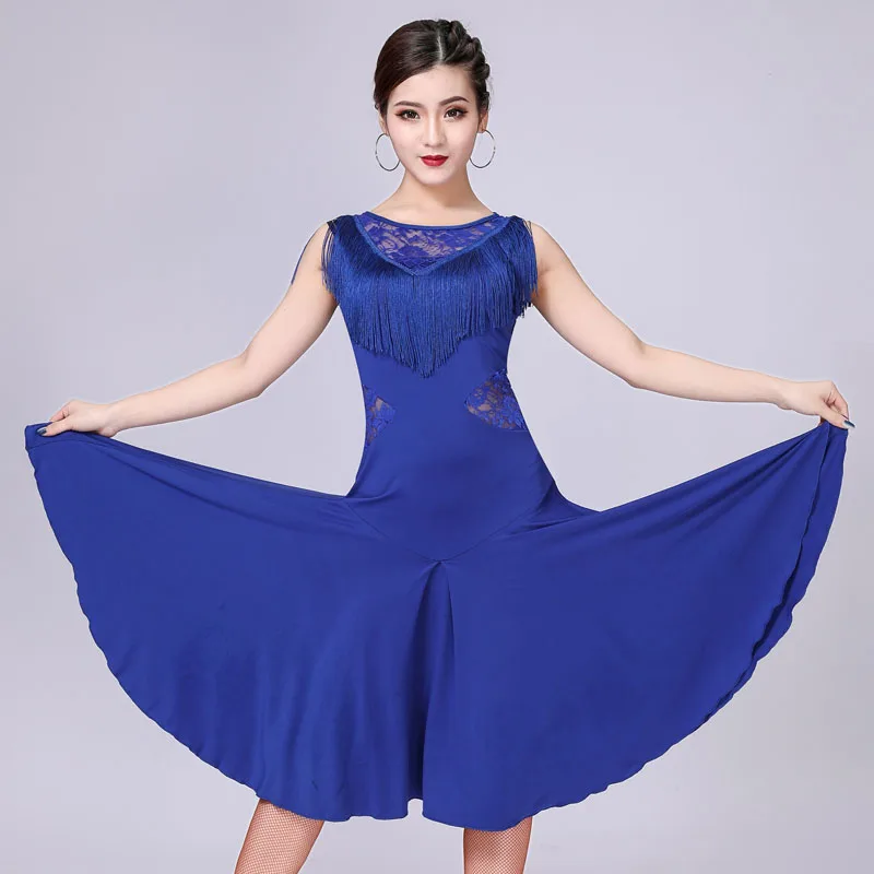 royal blue Дамы бахрома латинский танец сальсы платье сценический костюм для шоу сексуальный без рукавов из тонкой ткани с цветочным кружевом ТРАПЕЦИЕВИДНОЕ ПЛАТЬЕ - Цвет: royal blue