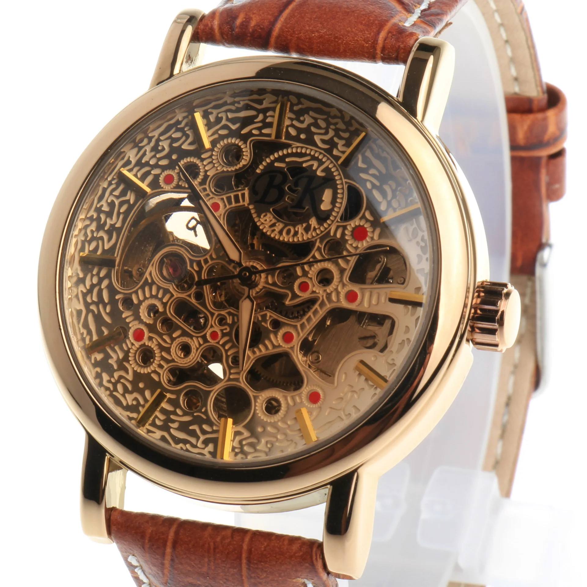 2016 New Brand BIAOKA watch Brown glass carved hollow belt waterproof automatic mechanical table Gold Skeleton