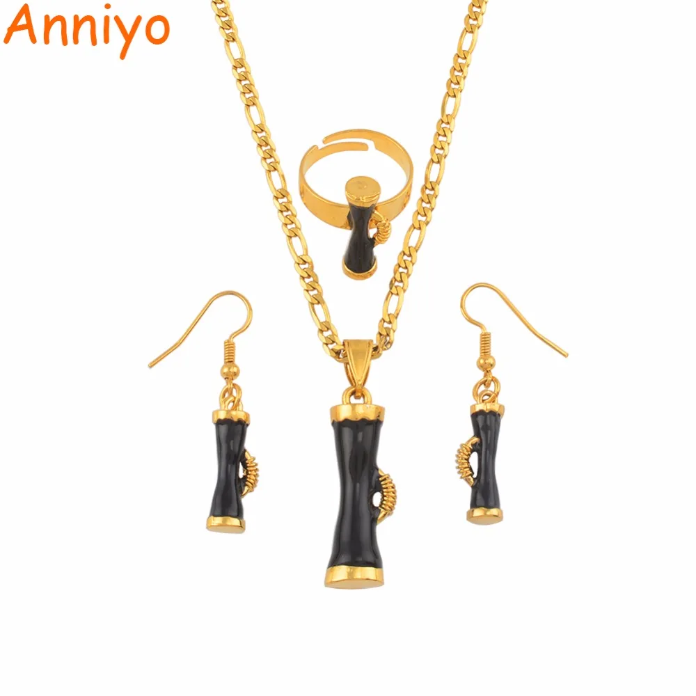 Anniyo Black Enamel Drum Papua New Guinea Ethnic Necklaces Earrings Ring sets for Women PNG Wedding Jewelry Party Gifts #139806