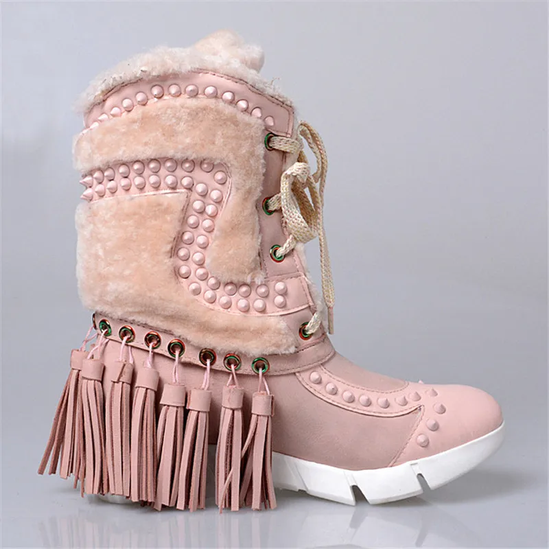 Piel Bota Cuero red Dulce Prova Borlas Perfetto Mujeres Remache Moda Pink black Genuino Botas Cuñas Nieve Rosa De Con Punta I8wFzq