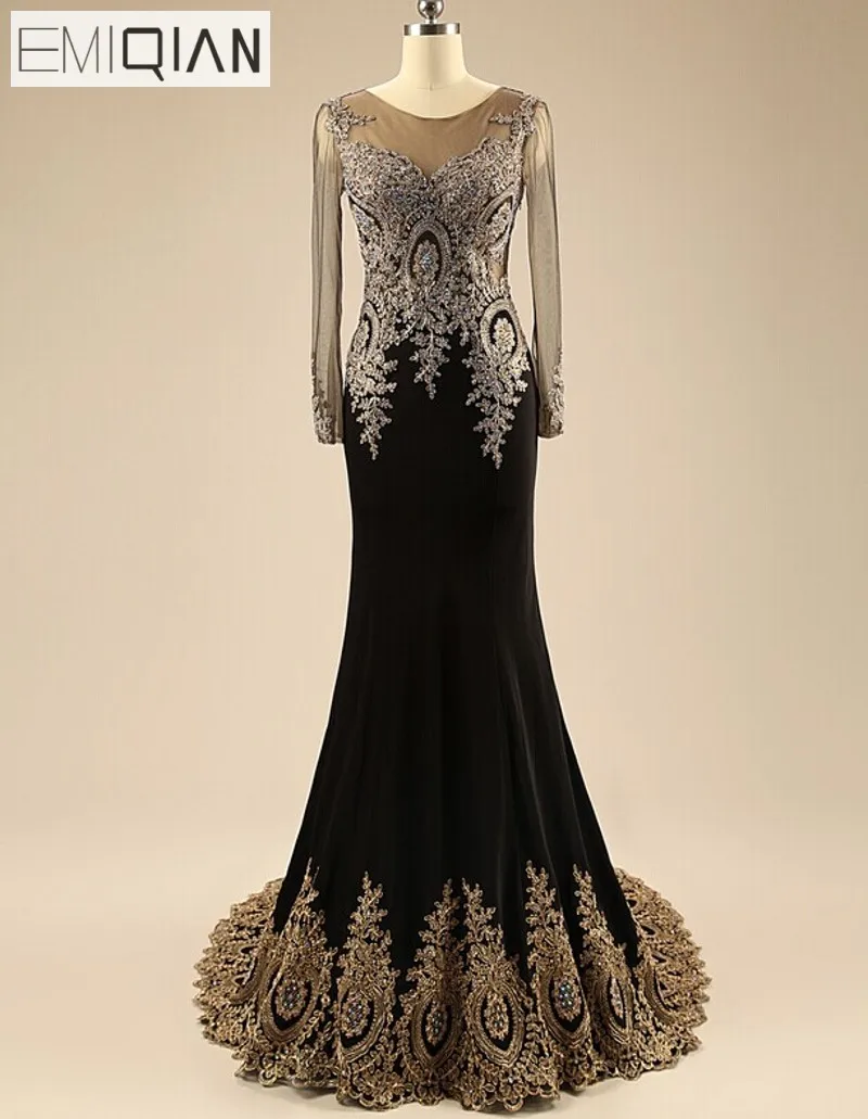 

Freeshipping New Arrival Real Photos Mermaid Evening Gown Scoop Neckline Long Sleeves Black Evening Dress