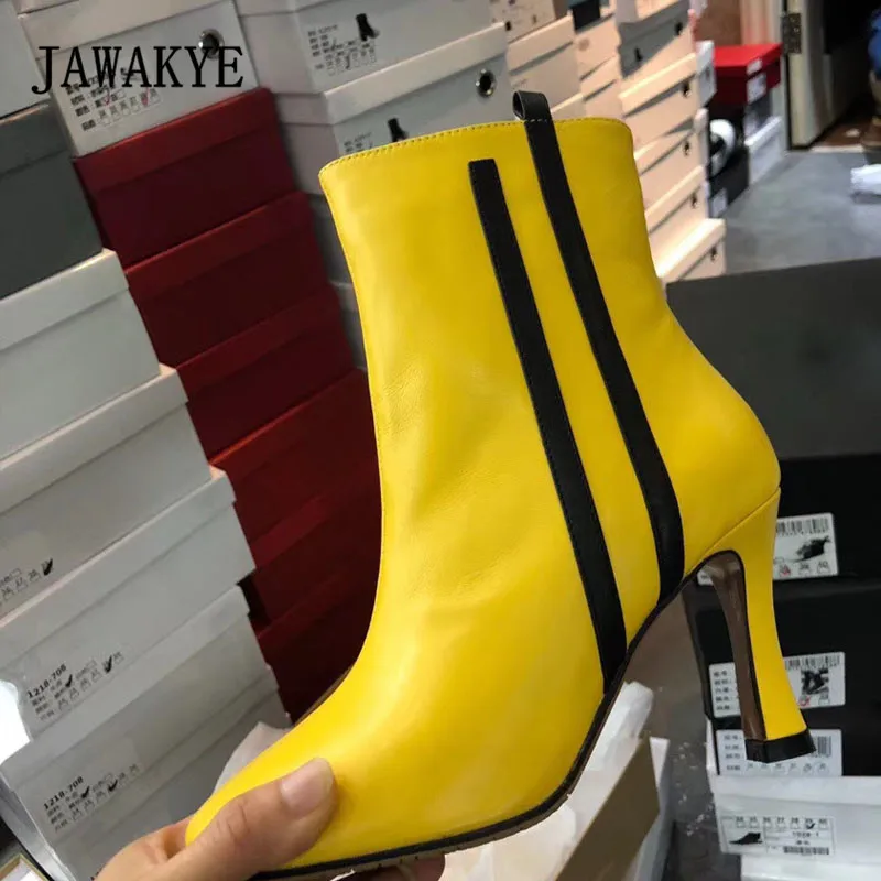 

2018 Chic Stripe Ankle Boots Women Round Toe Yellow Real Leather High Heel Boots Woman Fashion Martin Boots
