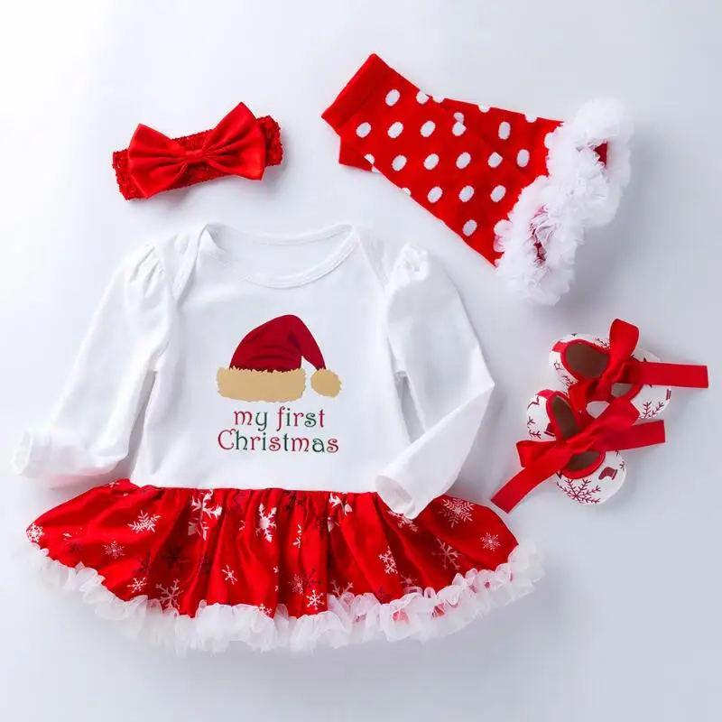 Первый комбинезон для малышей Рождественский комплект с юбкой-пачкой Одежда для новорожденных девочек нарядное платье+ повязка на голову+ обувь+ гетры, 4 предмета