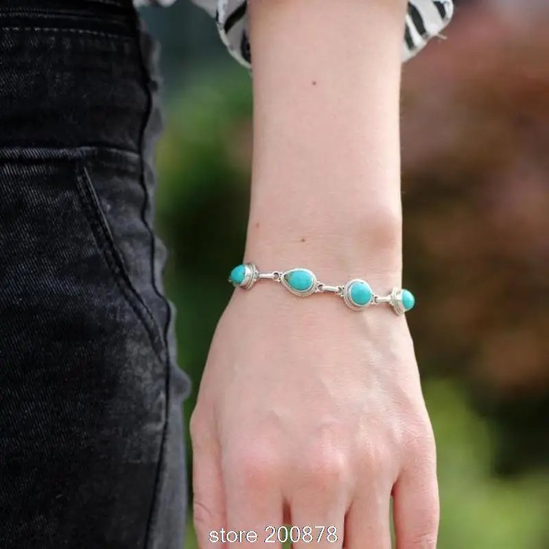 

T9129 Nepal 925 Silver inlaid natural Turkey Stone vintage bracelets Tibetan Bracelets Free Shipping