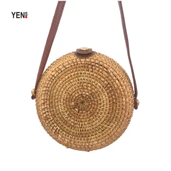 

Handmade Woven Round Rattan Bag Vintage Retro Straw Bags Circle Woman Natural Knitting Messenger Bags Lady Summer Beach Tote Bag