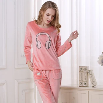 

Autumn and Winter Women Pyjamas Sets Thick Warm Coral Velvet Suit Flannel Long Sleeve Female Pink Pants Sleepwear Homewear 2XL