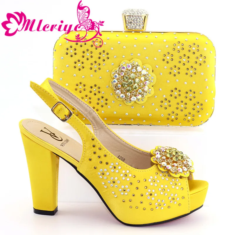 

A208 YELLOW Pretty wedding/party gold high heel sandals and handbag fashion shoes& bag set with rhinestones for lady