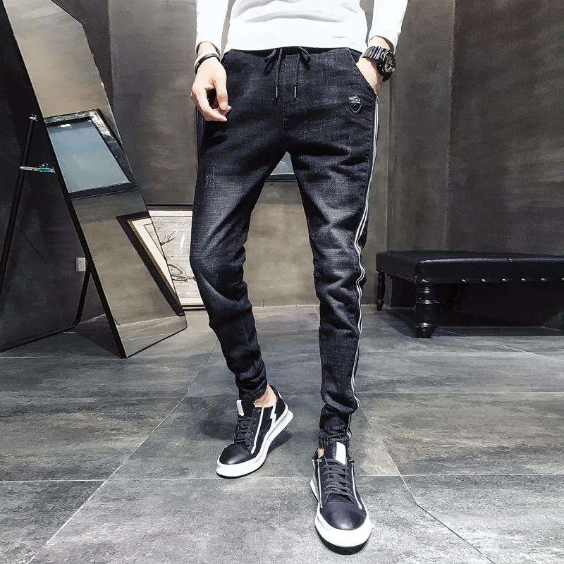 

Black Slim Fit Jeans Men Washed Side Striped Drawstring Casual Denim Pants 2019 Autumn Winter High Quality Trousers Pants