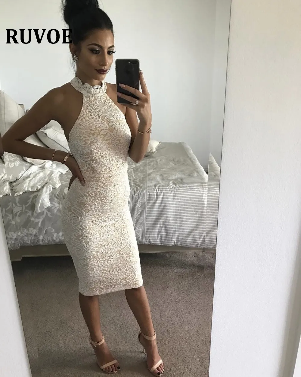 Bandage knitting Lace Floral Dress Sexy Slim Bodycon Dresses Elastic Skinny Dress Brief Halter