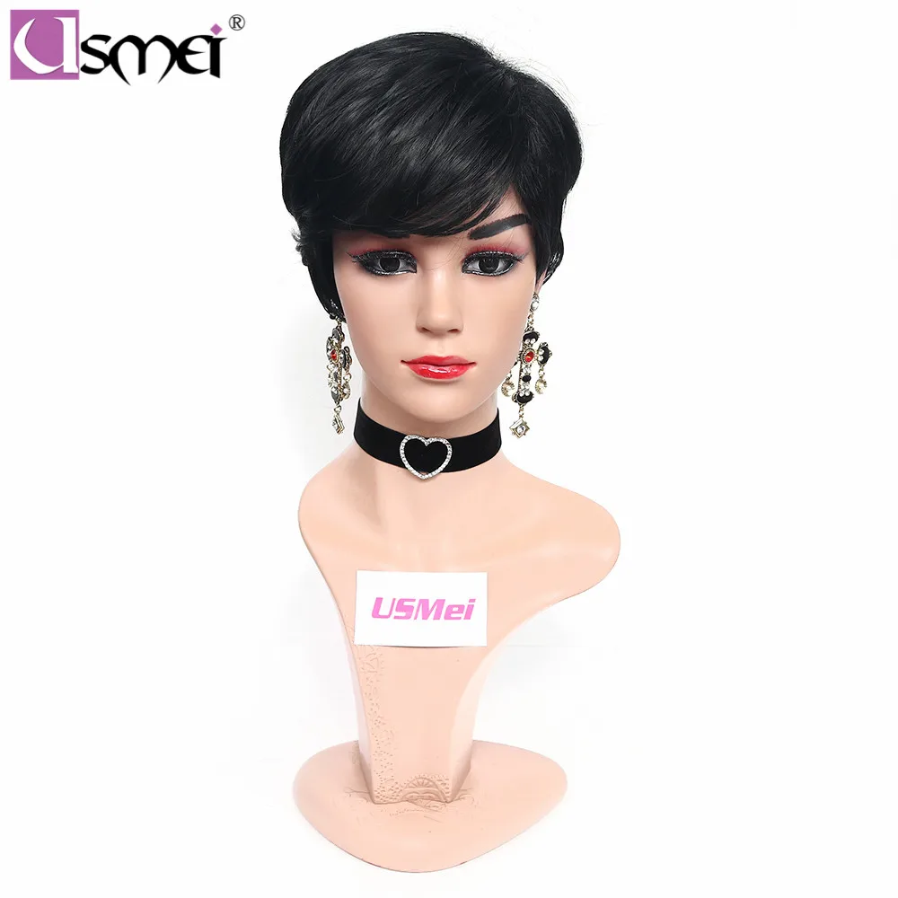 

USMEI Wig Straight With Side Bangs Heat Resistant Synthetic Wigs For Women hair Natural Fake short 6 inches cosplay black wig