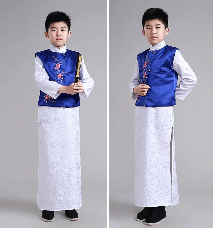 Традиционный костюм ханфу китайские танцевальные костюмы для мальчиков белый халат вышитый жилет Дети династии Цин Древний костюм одежда DNV11047