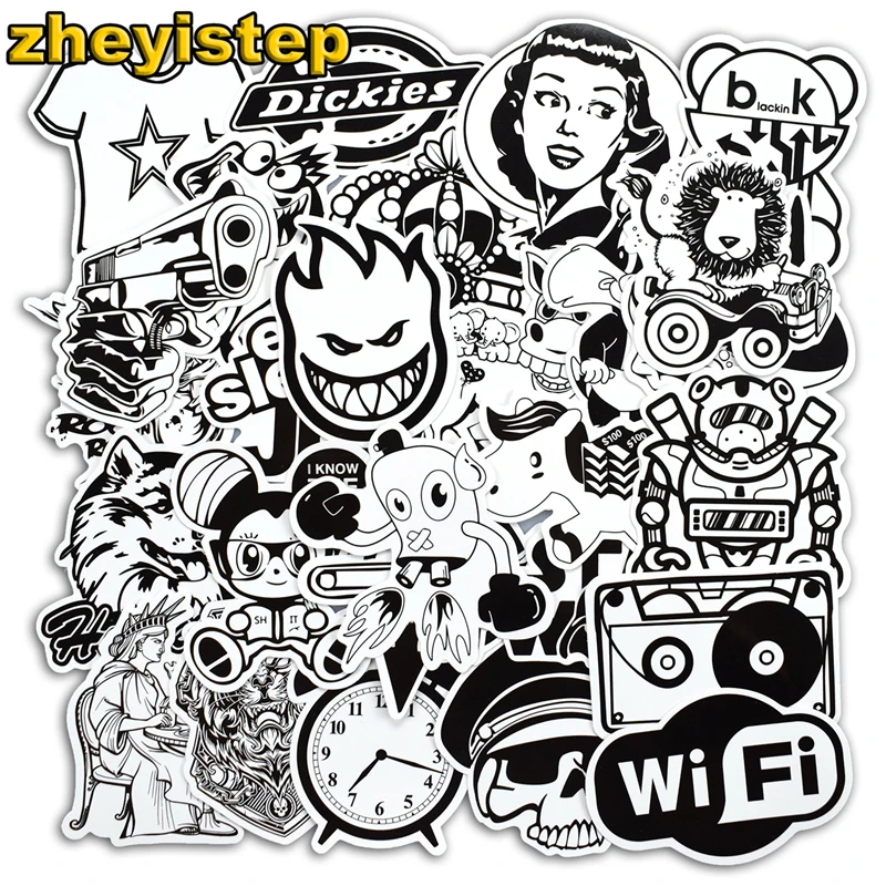 

50 Pcs Black and White Stickers Graffiti Sticker for Laptop Luggage Skateboard Guitar Bicycle Cool Brand PVC Waterproof Stickers