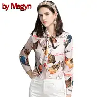 by Megyn women blouses 2019 rooster print blouse office bow tie blouse chicken rooster letter print kawaii blouse women tops