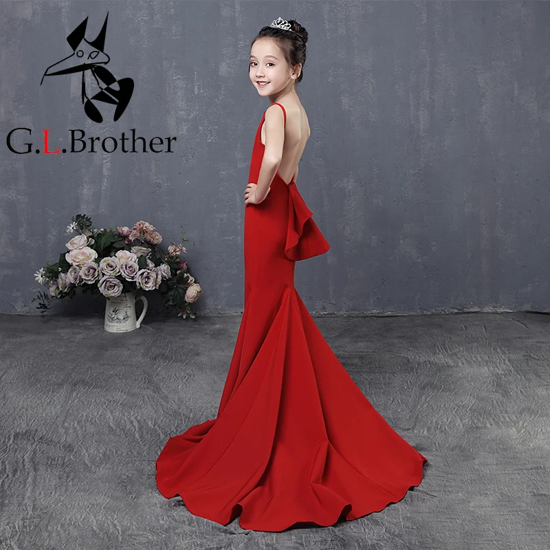 

Red Trumpet Flower Girl Dresses Long Tailings Wedding Kids Dress Backless Evening Tutu Mermaid Princess Dress For Birthday AA257