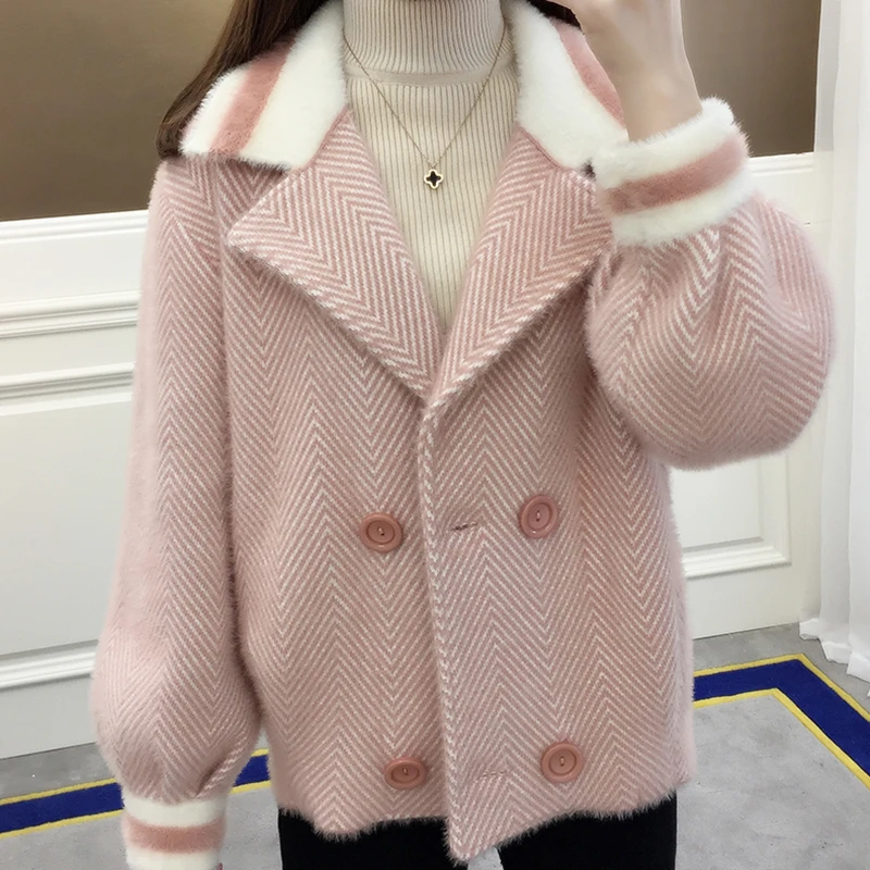 

2019 Women's Winter New Cardigan Sweater Square Collar Loose Short Sweater Jacket Warm Casual Solid color Sweater LQ077