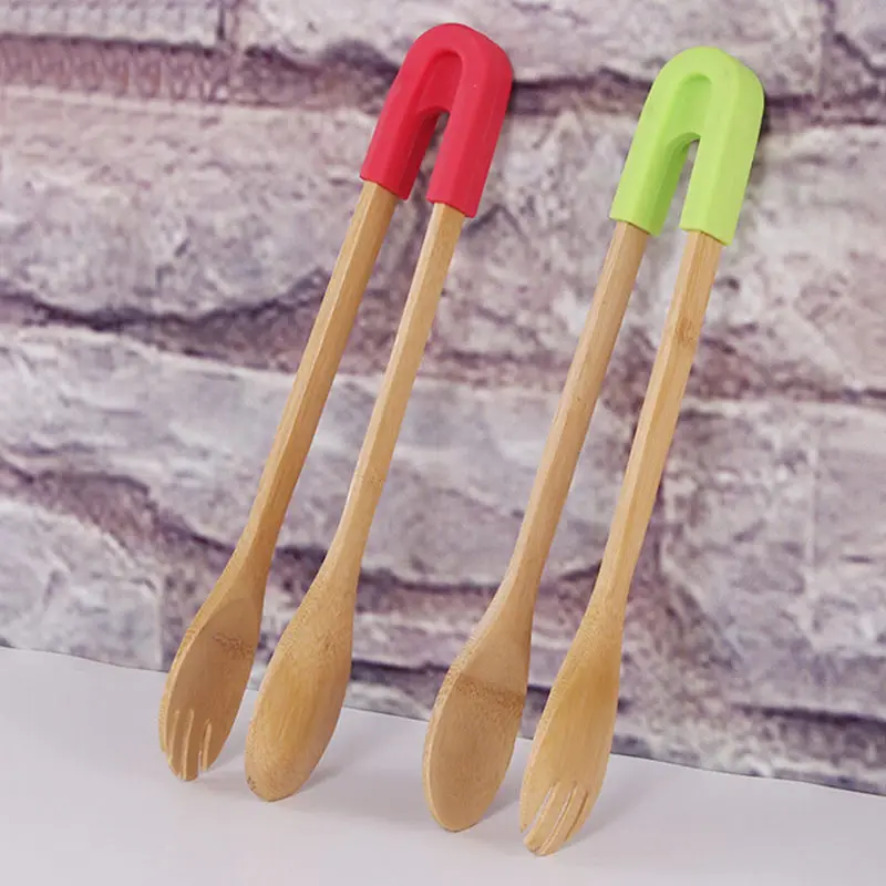 

Creative Fashion Bamboo Food Toaster Tongs Wooden Salad Cake Snack Clip Grip Silicone Handle Bread BBQ Tongs Kitchen Tools Clamp