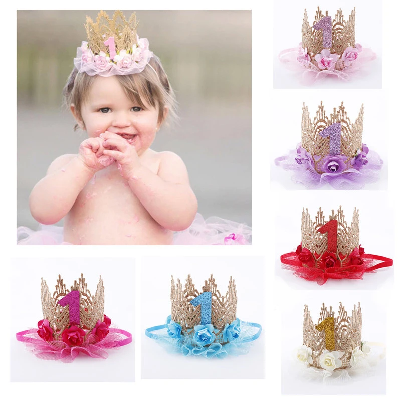 

baby girl first birthday party cap Hat decoration Headband hairband Princess Queen Crown lace Hair Band Elastic Headwear